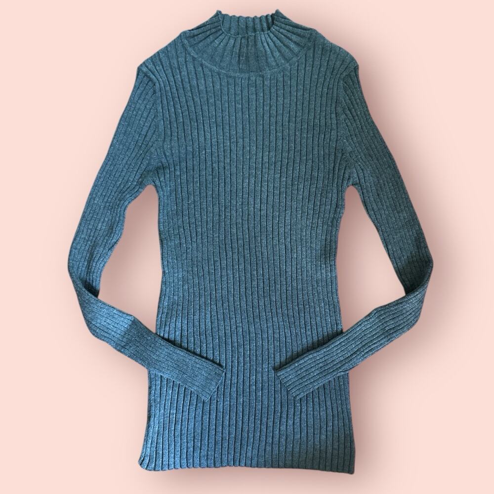 Vtg Y2K Turtleneck Sweater Gray Ribbed Coquette Minimalist Large Layering Whimsy